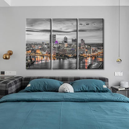 TUMOVO Pittsburgh City Skyline Home Decor Art Prints American Cityscape Pictures Bathroom Decor Wall Art 3 Panel Pittsburgh Skyscrapers Nighttime Lightscape Wall Art Framed Ready to Hang (60" Wx40 H)