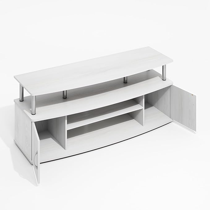 Furinno Jaya TV Stand, Entertainment Center, TV Console, for TV up to 55 Inch, with 2 Doors and Cable Management Holes, for Living Room, Bedroom, White Wood/Stainless Steel Tubes