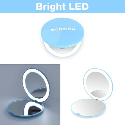 WOBSION Travel Compact Mirror,Portable 1x/10x LED Makeup Mirror with Magnification,Handheld 2-Sided Pocket Mirror, 3.5in Small Mirror for Purse,Handbag,Gifts,Blue