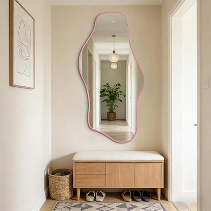 Large Irregular Mirror, 54.5"x24" Asymmetrical Tempered Glass Mirror, Pink Modern Organic Frameless Mirrors for Living Room Bedroom Hallway Entryway, Horizontal or Vertical Hanging