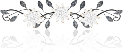KHJCXS Metal Wall Art Modern Minimalist Metal Flowers Indoor Decor Horizontal Wall Art Iron Artwork,for Over Door,Bedroom,Living Room,Kitchen,Office Scroll Decor (White3)