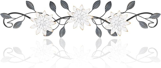 KHJCXS Metal Wall Art Modern Minimalist Metal Flowers Indoor Decor Horizontal Wall Art Iron Artwork,for Over Door,Bedroom,Living Room,Kitchen,Office Scroll Decor (White3)