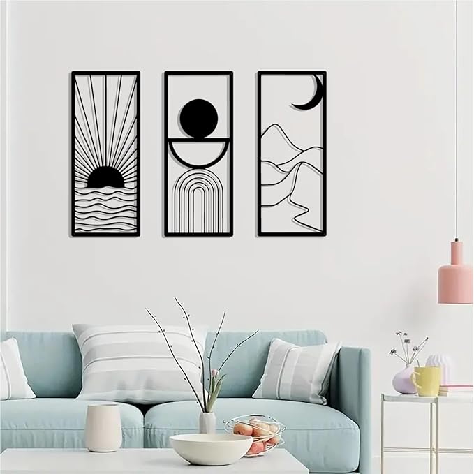 DUOOLN 3 Pcs Black Abstract Metal Wall Decor, Minimalist Decorative Single Line Art Wall hangings, Modern Geometric Sun Moon Mountain Scene Metal Wall Sculpture for Living Room Bedroom Bathroom Study Home Wall Painting