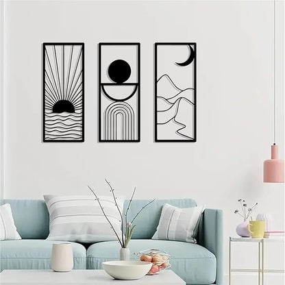 DUOOLN 3 Pcs Black Abstract Metal Wall Decor, Minimalist Decorative Single Line Art Wall hangings, Modern Geometric Sun Moon Mountain Scene Metal Wall Sculpture for Living Room Bedroom Bathroom Study Home Wall Painting