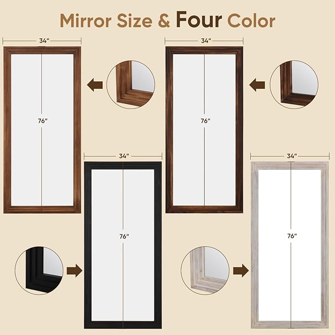 Full Length Mirror, 76"x34" Wooden Mirror Full Length with Stand Wood Floor Mirror, Oversized Stand Up Mirrors Large Wall Mirrors, Wall Mounted Mirrors, Rect Wood Style, Brown