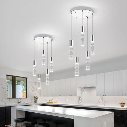 OKELI 5-Light Pendants Light for Kitchen Island Dining Room, 6000K Bubble Crystal Modern LED Kitchen Hanging Lights, 30W Chrome Pendant Lighting Fixture, Round