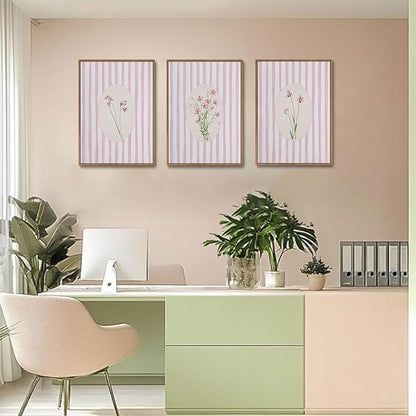 KISSFOX 3 Piece Floral Framed Wall Art Pink Wildflower Canvas Wall Art Flower Pictures Wall Decor Boho Botanical Paintings Poster Wall Decor For Girly Room Bedroom Apartment Dorm Living Room