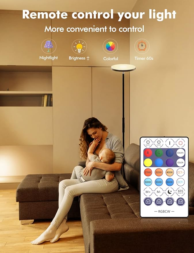 YHW Smart RGB LED Floor Lamp Works with Alexa Google Home, WiFi Remote Modern Tall Standing Light, Super Bright 2000LM Color Changing & Dimmable Sky Torchiere for Living Room, Bedroom (Black)