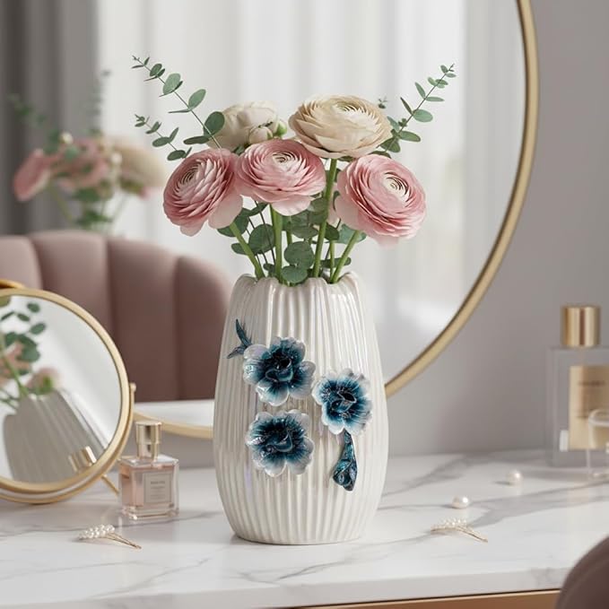 Small White Vase - 7 Inch Modern Ceramic Vases for Centerpieces, Minimalist 3D Sculpted Flower Vase for Home Decor, Kitchen, Dining Table, Shelf, Wedding Decor