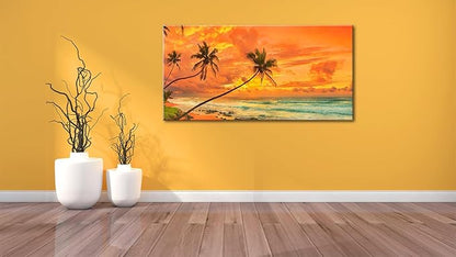 Tropical Beach Sunset Large Wall Art – Stretched & Framed Ocean Waves Canvas Painting, Palm Tree Landscape Farmhause Wall Artwork Decor for living Room Home, Bathroom Office (24x48 Inch)