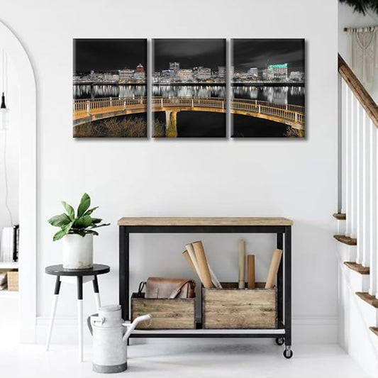 TUMOVO Ortland Oregon Downtown City Skyline Wall Art for Living Room 3 Piece Pedestrian Bridge Along Willamette River at Night Wall Decor Living Room Framed Ready to Hang (36" Wx16 H)