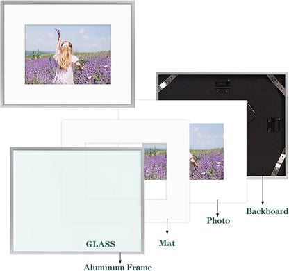 Golden State Art, Gallery Wall Frame Set of 6 - Silver 8x10 Aluminum Photo Frames with Mat for 5x7 Pictures - 8 x 10 inch Metal Frame with Real Glass Cover - Elegant Home or Office Decor
