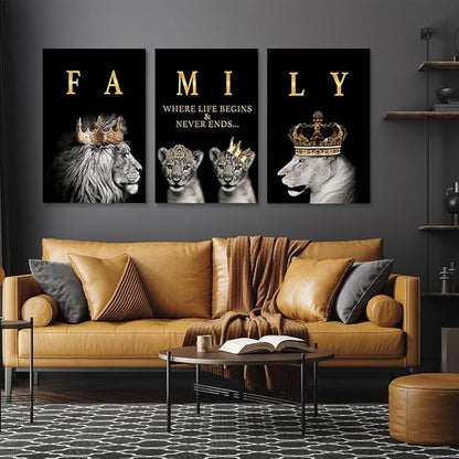 GUBIYU Family Life Begins Never Ends Words Sign Decor Black Gold Wall Art for Living Room & Dining Room - Motivational Prints Lions - 20"x28"