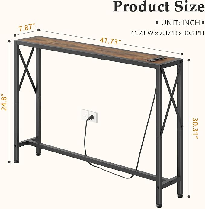 Gewudraw 41.8" Console Table, Narrow Behind The Couch Table with Outlet, Industrial Skinny Stand for Hallway, Entryway, Living Room, Bedroom, 6.5 Feet Power Cord,Rustic Brown