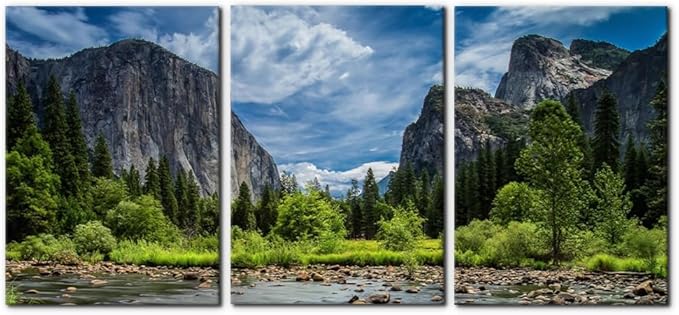 Pacimo 3 Pieces Green Wall Art Painting Yosemite National Park Clear Water Lake Mountain Trees Rocks Pictures Prints On Canvas Landscape Wall Decor for Home Modern Decoration Print - 20"x28"x3 Panel