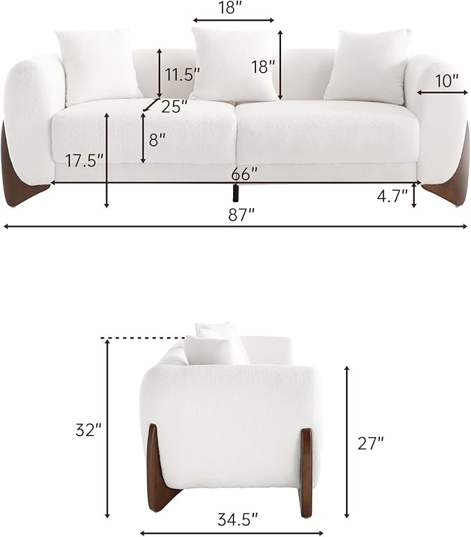 Morden Fort Modern Cloud Couch - 3 Seater Sherpa Boucle Sofa with Wood Legs, Ultra-Thick High Resilience Cushion with 3 Matching Pillows Upholstered Comfy Couch Sofa for Living Room - Off White 87''