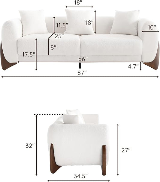 Morden Fort Modern Cloud Couch - 3 Seater Sherpa Boucle Sofa with Wood Legs, Ultra-Thick High Resilience Cushion with 3 Matching Pillows Upholstered Comfy Couch Sofa for Living Room - Off White 87''