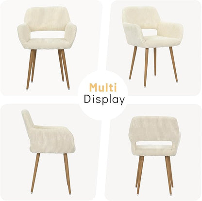 KCC Small Modern Dining Room Arm Chairs Set of 2, Mid-Century Upholstered Corduroy Fabric Side Seat Club Guest with Metal Tube Legs for Kitchen, Living Room, Beige