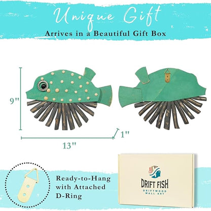 Driftwood Fish Nautical Wall Decor - 13"x 9" Handmade Wooden Rustic Coastal Wall Art for Living Room, Bedroom, Office, Bathroom - Ocean Beach Decoration (Nibbles)