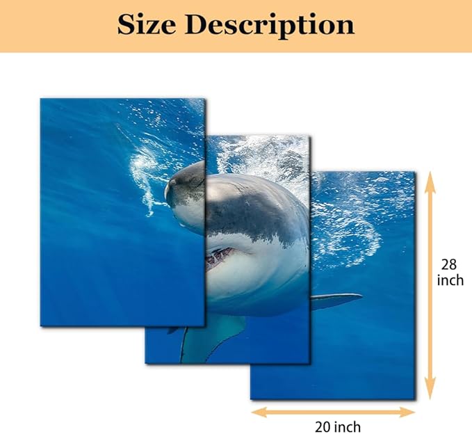3 Piece Blue Wall Art Painting Great White Shark Catching Fish At Guadalupe Island Pictures Prints on Canvas Animal The Picture Decor for Home Modern Decoration for Living Room - 20"x28"x3 Panels