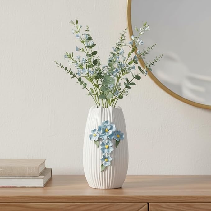Modern Ceramic Vase - White Boho Textured Vase for Flower, 3D Sculpted Floral Centerpiece Vase for Living Room, Shelf, Table, Wedding, Fireplace, Mantel Decor