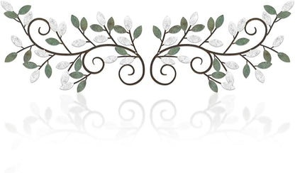 ESTART 2 Pieces Metal Tree Leaf Wall Decor Vine Olive Branch Leaf Wall Art Ornament Wall Hanging Sign for above Door, Living Room, Bathroom, Office, Indoor and Outdoor Decoration (White Green Colors)