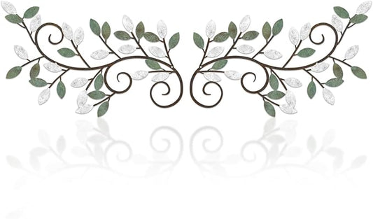 ESTART 2 Pieces Metal Tree Leaf Wall Decor Vine Olive Branch Leaf Wall Art Ornament Wall Hanging Sign for above Door, Living Room, Bathroom, Office, Indoor and Outdoor Decoration (White Green Colors)