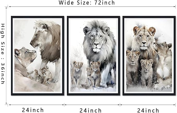 Wildlife Themed Framed Canvas Wall Art Set of 3 Lion Family Portrait Wall Decor for Country Apartment Living Room Bedroom Modern African Animal Artwork Decoration Easy to Hand 24x36inchx3pcs