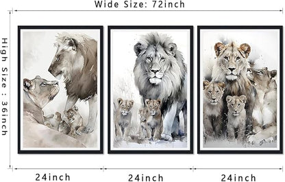 Wildlife Themed Framed Canvas Wall Art Set of 3 Lion Family Portrait Wall Decor for Country Apartment Living Room Bedroom Modern African Animal Artwork Decoration Easy to Hand 24x36inchx3pcs