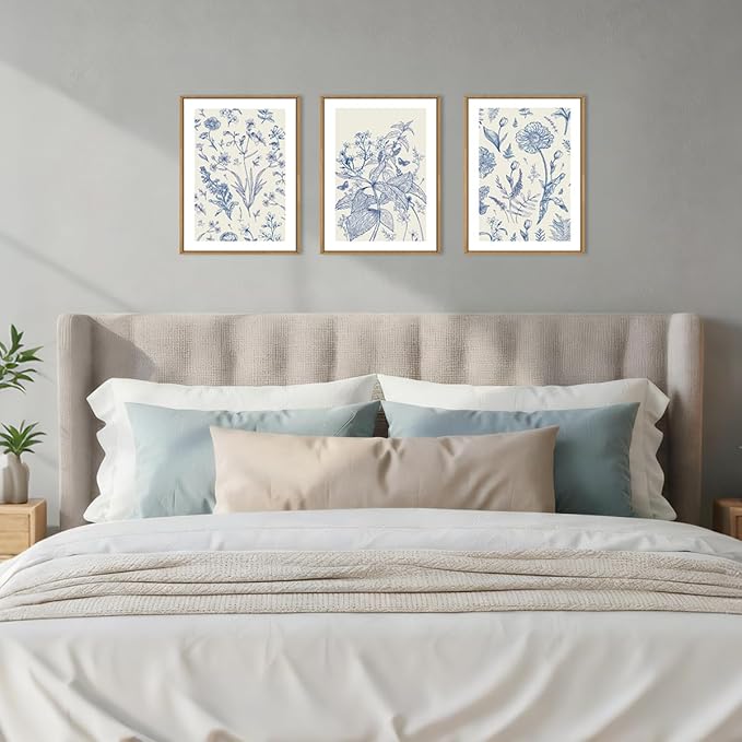 KAIRNE Navy Blue and White Floral Framed Canvas Wall Art Set,Chinoiserie Flower Wall Decor,Watercolor Botanical Art Prints,Modern Wildflower Artwork for Living Room,Bedroom,Farmhouse,Office-12 x16 x3