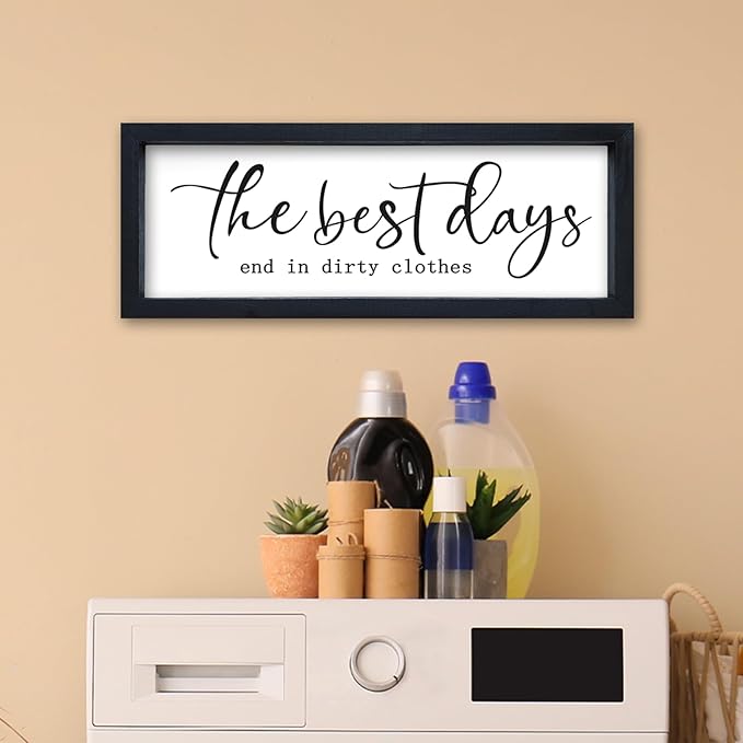 Laundry Room Wall Decor 16"×6" The Best Days End In Dirtiest Clothes Sign Funny Modren Bathroom Large Plaque Wood Framed Wall Hanging Art (Black)