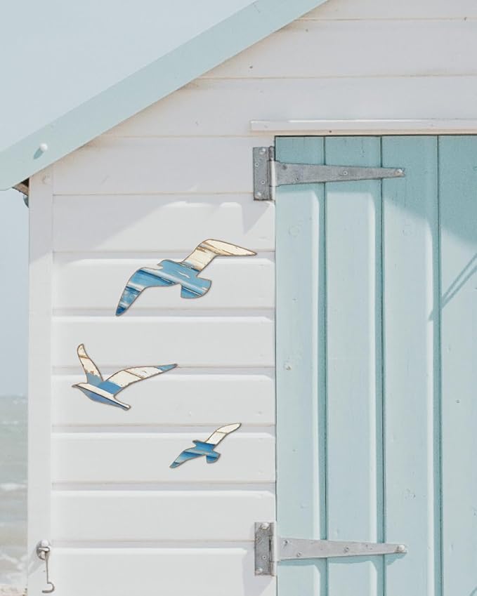 Putuo Decor 3pcs Wood Nautical Decor Seagull Wall Decor Nautical Coastal Theme Wall Art Adhesive Seagull Wall Sculpture Sea Birds Lake House Ocean Decoration Vintage Ornaments For Home Bathroom