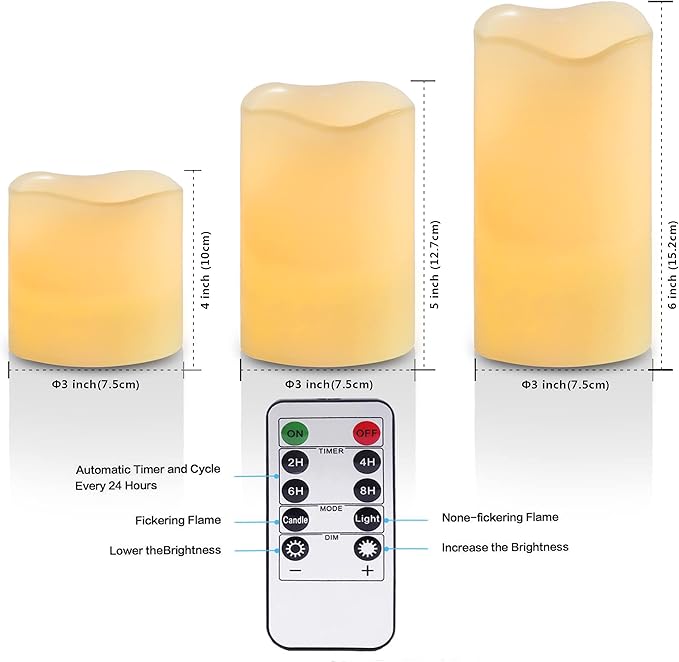 YIWER Wax Flameless Candles, Battery Operated Candle with 10-Key Remote and Time Flickering Light Ivory Pillar Fake Decor for (D3.15 x H 4"/5"/6",9-Pack)