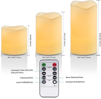 YIWER Wax Flameless Candles, Battery Operated Candle with 10-Key Remote and Time Flickering Light Ivory Pillar Fake Decor for (D3.15 x H 4"/5"/6",9-Pack)