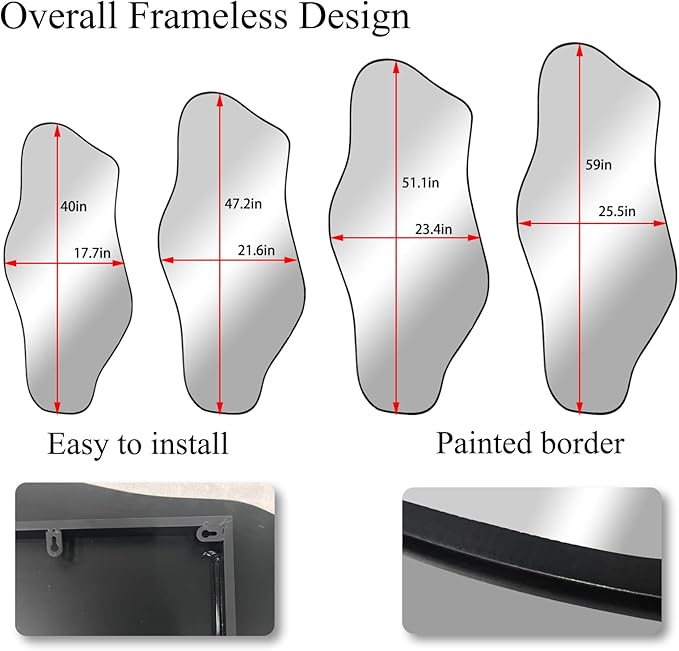Irregular Mirror, 51.1"x23.6" Large Asymmetrical Frameless Mirror, Modern Abstract Wall Mirrors for Living Room Bedroom Hallway Entryway Bathroom, Hangs Vertically or Horizontally