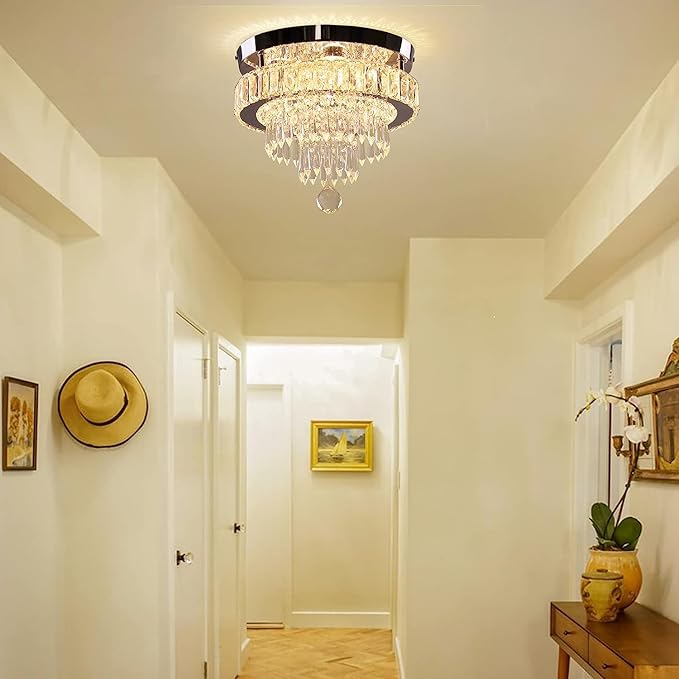 Crystal Chandeliers 11.8" Modern Crystal Light Fixtures LED Flush Mount Chandelier Ceiling Light Chandeliers for Bedrooms Living Room Dining Room Chrome (Warm White)