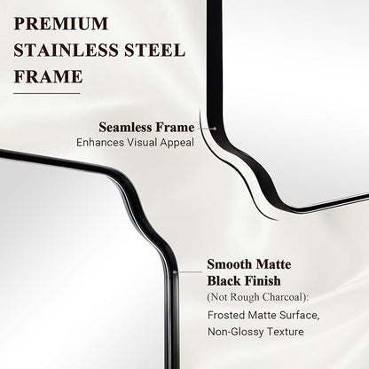 ANDY STAR 30x36 Inch Bathroom Mirror, Matte Black Vanity Mirror, Modern Scalloped Mirror in Premium Stainless Steel Metal Thin Frame, Unique Rounded Notched Corners, Hangs Vertically or Horizontally