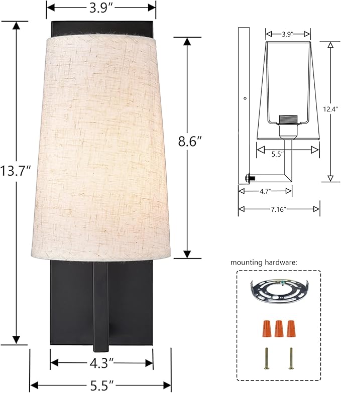 Farmhouse Black Wall Sconces Set of Two Modern 1-Light Hardwired Matte Black Wall Lamp with Fabric Shade Sconces Wall Lighting for Bedroom Hallway Living Room