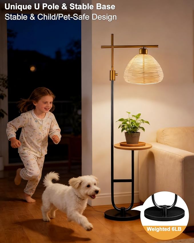 Lightdot 66IN Gold&Black Dimmable Floor Lamps with Storage Table, Modern Standing Tall Lamp with Milky White Globe Lampshade, Cross-Shaped Lamp Head and U-Pole Base Style for Living Room/Bedroom