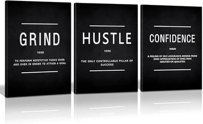 KAWAHONE Motivational Success Canvas Wall Art, Grind Hustle Confidence Wall Decor Framed Inspirational Entrepreneurs Painting Prints Quotes Poster for Office Workplace Ready to Hang