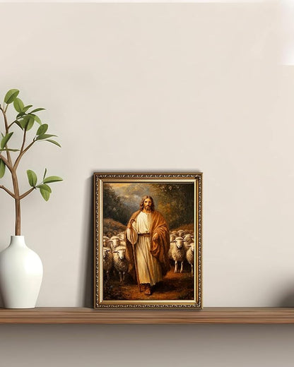 WZGZXU Vintage Gold Framed Wall Art Jesus Wall Decor Christian Canvas Art Jesus Sheep Pictures Religious Painting Print For Living Room Bedroom Church 8x10in