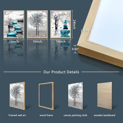 Natural Wood Framed Canvas Wall Art for Living Room Large Size Wall Decor for Bedroom Blue Abstract Wall Pictures Black and White Paintings OfficeWall Decoration Modern Home Decor Framed Art Prints