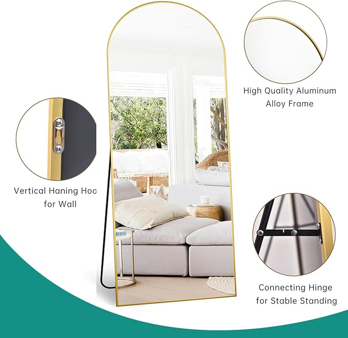 Full Length Mirror, 71''x30'' Floor Mirror with Stand, Arched Wall Mounted Mirror, Large Full Body Mirror with Aluminum Frame Hanging or Leaning for Bedroom, Living Room, Cloakroom (Gold)