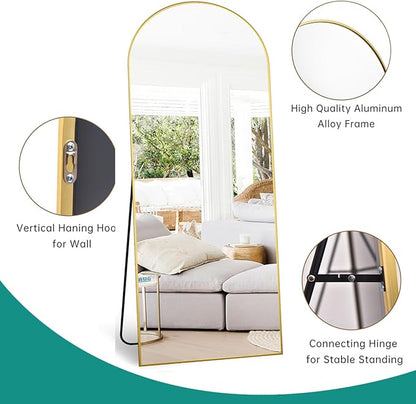 Full Length Mirror, 71''x30'' Floor Mirror with Stand, Arched Wall Mounted Mirror, Large Full Body Mirror with Aluminum Frame Hanging or Leaning for Bedroom, Living Room, Cloakroom (Gold)