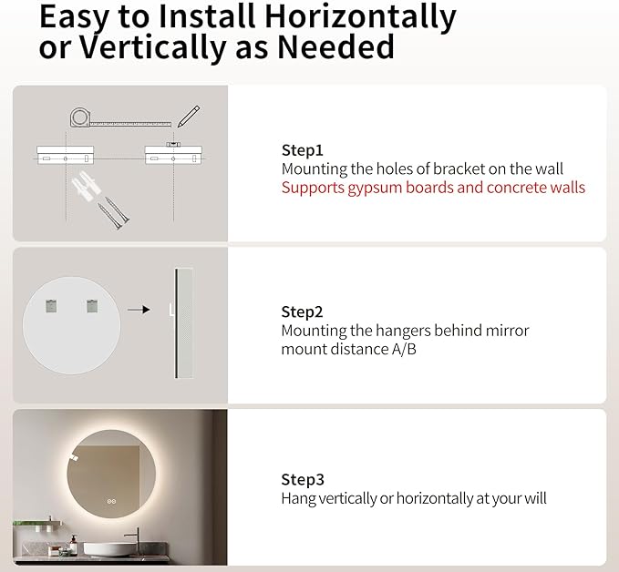 Round LED Bathroom Mirror with Light, Backlit Mirror for Bathroom, Frameless LED Smart Vanity Mirror with 3 Color Lights, Anti-Fog, Smart Touch Button, Shatter-Proof, IP65, 90+ CRI (36" L x 36" W)