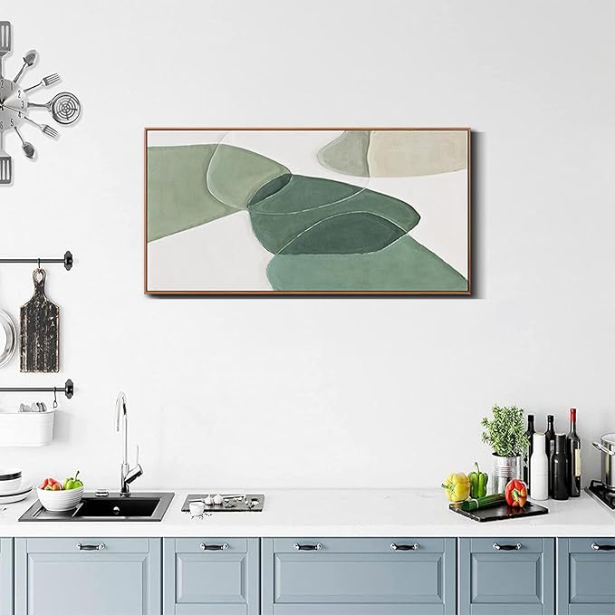 Framed Wall Art Canvas Artwork Green And White Geometric Color Block Line Art Canvas Paintings Wall Decor Modern Home Bedroom Art Office Decor 20"X 40" Framed Ready To Hang
