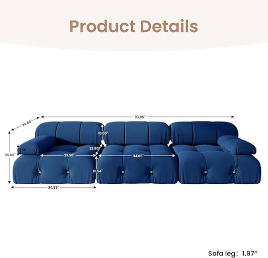 104'' Modular Sectional Sofa, Modern Luxury Velvet Bubble Couch, Deep Seat Cloud Sectional Couches for Living Room, Apartment (3 Seats, Blue)