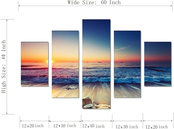 Beautiful Enlarge 5 Piece Sunset Beach Waves Landscape Artwork Pictures Painting on Canvas Wall Art for Living Room Prints and Posters for Home Decorations Wall Decor Set Framed (60’’W x 40’’H)
