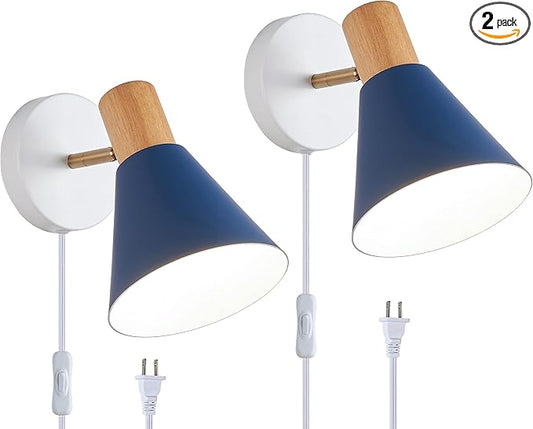 Plug in Wall Sconces Lighting Fixture Pack of 2, Wooden Adjustable Bedside Wall lamp for Industrial Bedroom, Living Room Bathroom Sink Lighting (2, Blue)