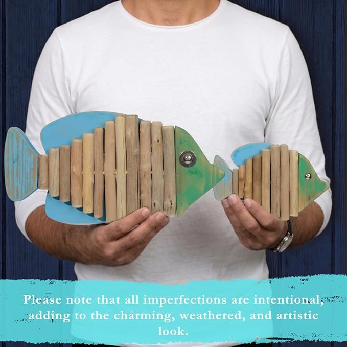 2-Piece Driftwood Fish Nautical Wall Decor - Handmade Wooden Rustic Coastal Wall Art for Living Room, Bedroom, Office, Bathroom - Ocean Beach Decoration (Specter)